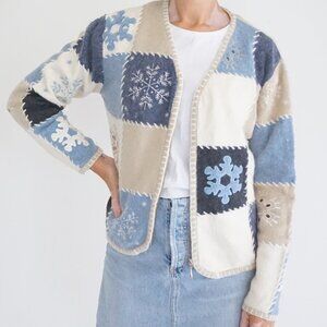 Vintage Christopher Banks Snowflake Patchwork Holiday Cardigan Zip Grandmacore M